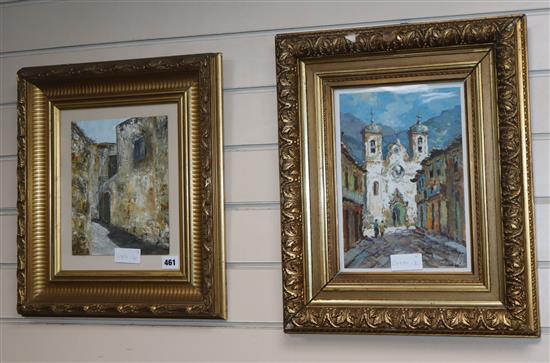 Monzk? oil on board, Tyrolean street scene, and John Arthur, oil on board, Mediterranean church, 28 x 20cm